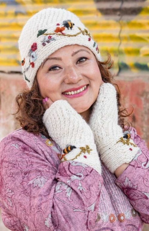 knit wool hat fleece lined flower & bee embroidery fair trade Nepal