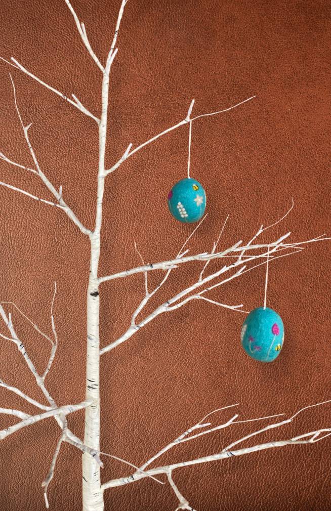 Robin's egg blue felt Easter egg ornament with needle felt bee and flower design