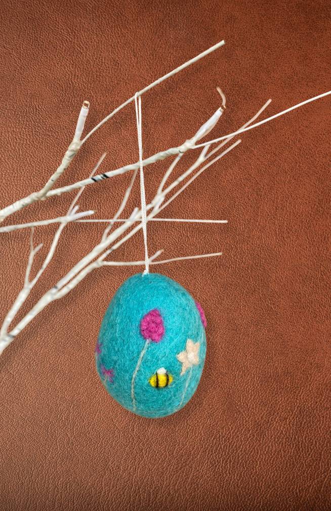 Needle felted Easter egg ornament with bees and flowers