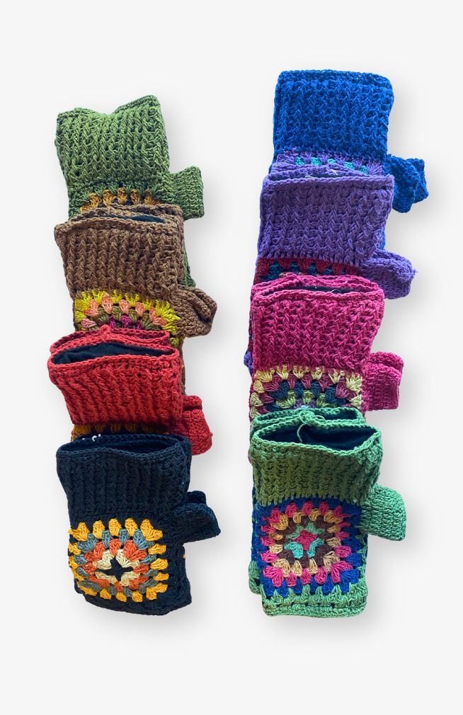 crochet granny square fingerless fleece lined gloves fair trade Nepal