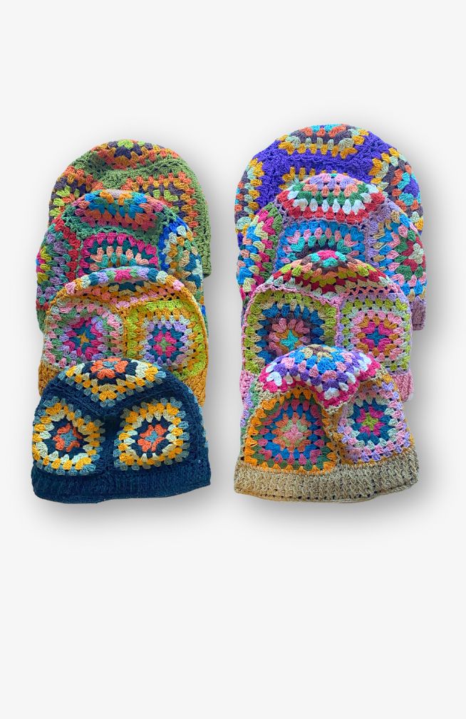 crochet granny square fleece lined beanie fair trade Nepal