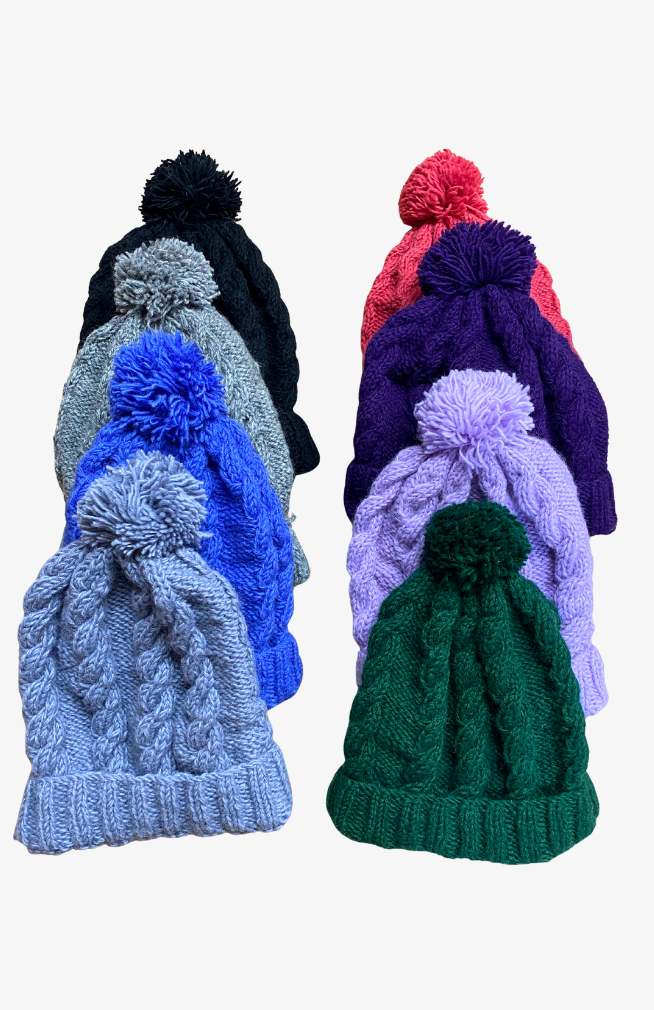 knit wool cableknit hat with pom pom, slouch, fair trade Nepal