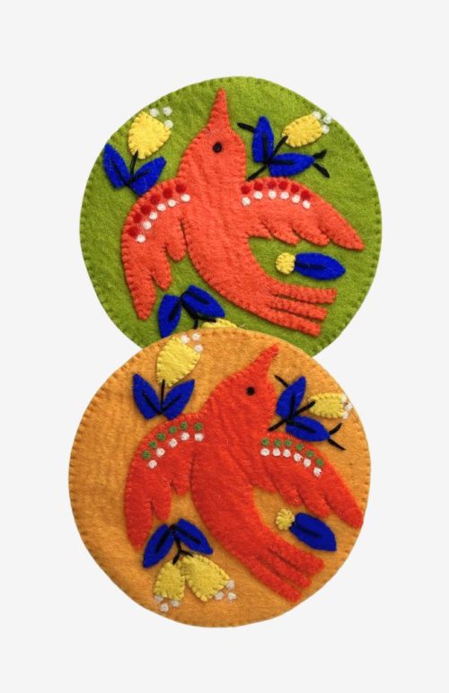 Felt embroidered trivet with bright birds made in Nepal