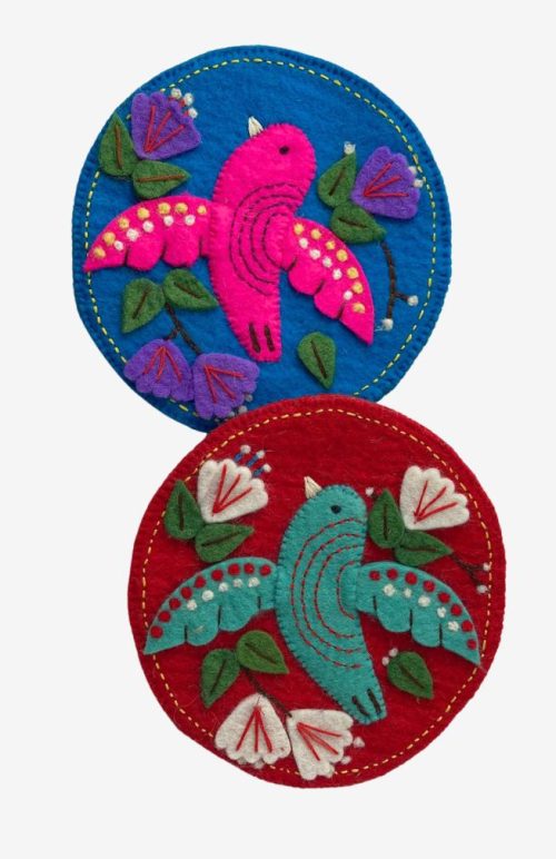 Felt trivet with brightly embroidered birds from Nepal