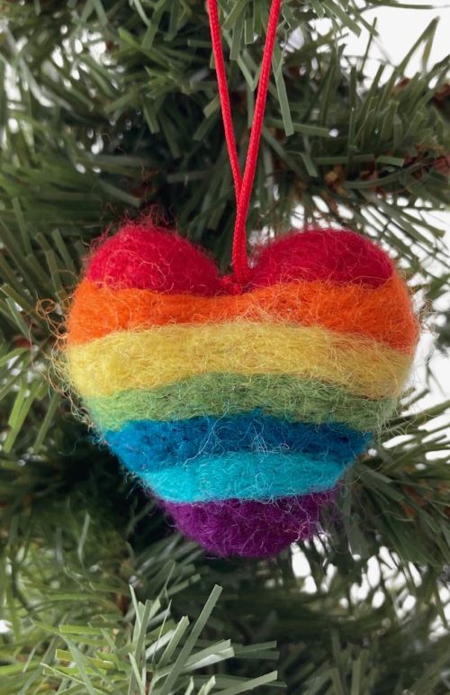 needle felt heart rainbow ornament from Nepal
