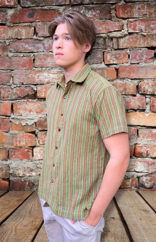 Cotton short sleeved button up striped shirt fair trade Nepal