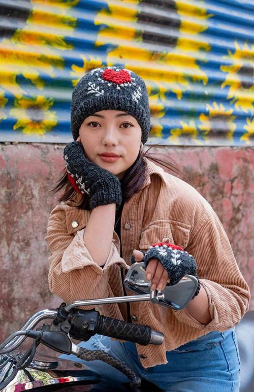 heart embroidered wool hand knit hat nepal