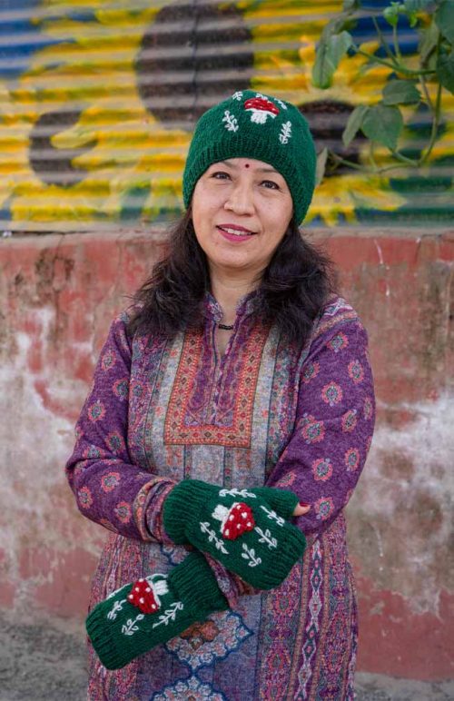 handknit hat handwarmer wool mushroom embroidery