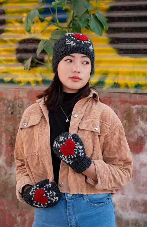 embroidered heart handwarmers and hat knit nepal