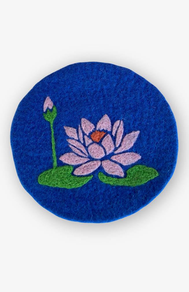 needle felted round trivet with purple lotus flower, July flower of the month