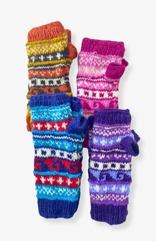 Wool fingerless patterned gloves, fair trade Nepal