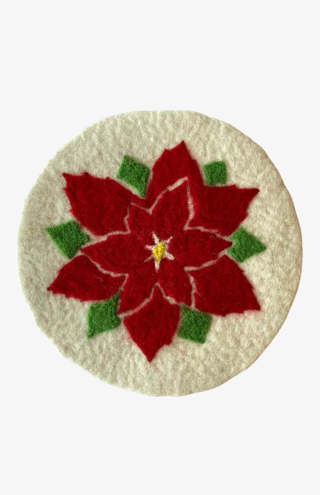 Poinsetta trivet white background, needle felted