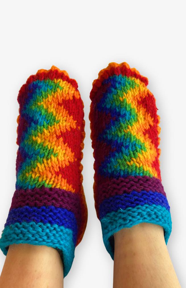 knit rainbow slipper booties, fleece lined