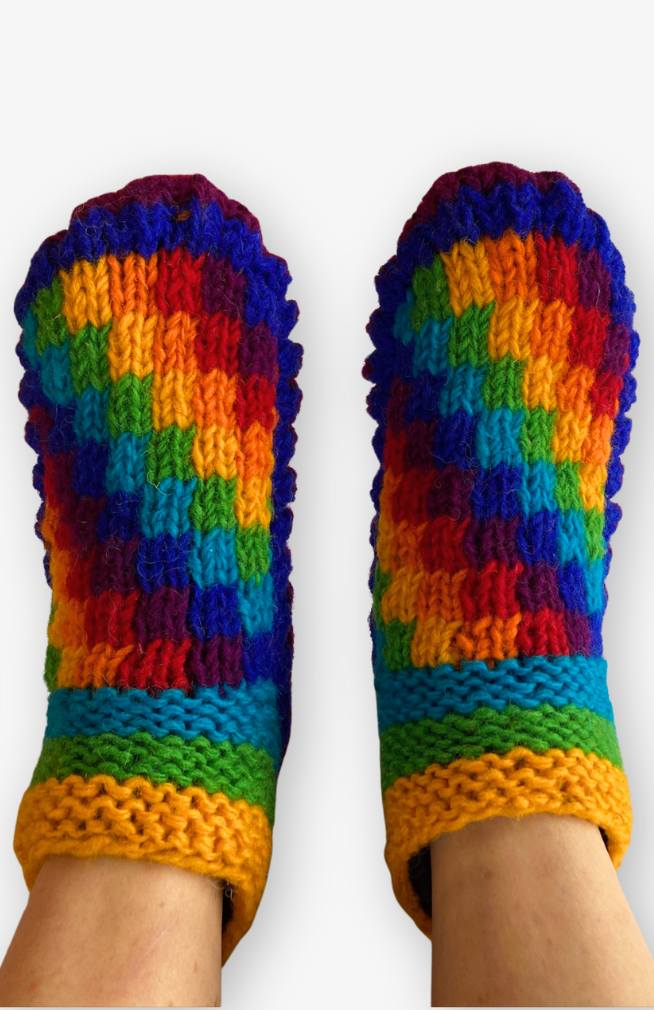 wool rainbow checkered bootie slippers with fleece lining