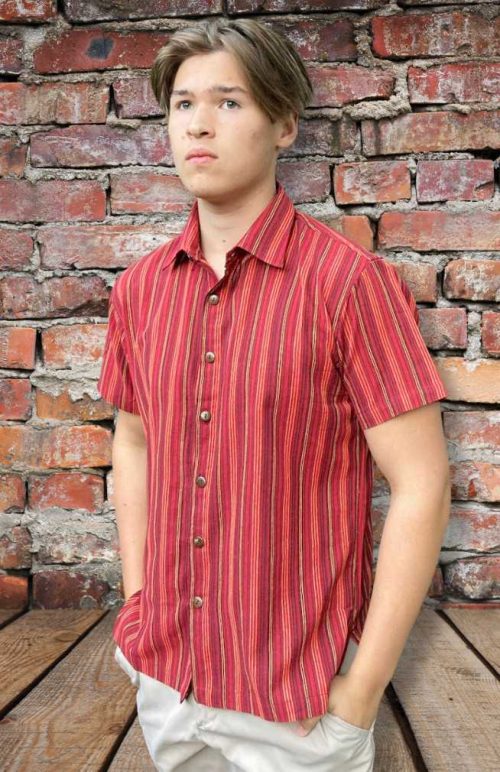 Cotton short sleeved button up striped shirt fair trade Nepal