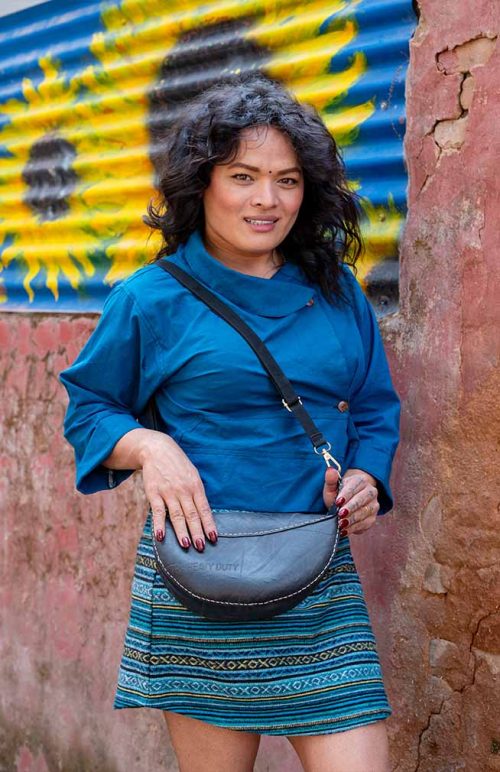 recycled rubber moon shaped bag and short cotton jacket fair trade Nepal