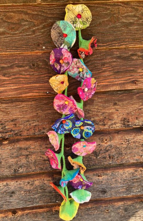 Felted wool flower garland with infused sari material from Nepal