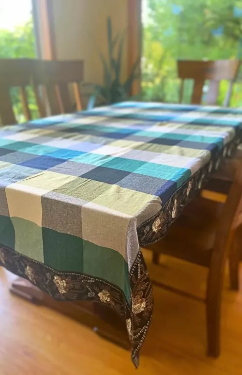 cotton tablecloth, recycled sari trim, fair trade Nepal