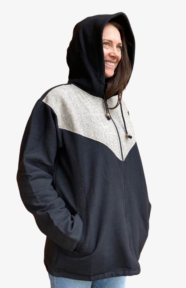 heavy cotton jacket with hood, black with grey triangular panel on front