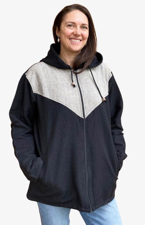 fleece lined heavy cotton jacket with hood in grey and black