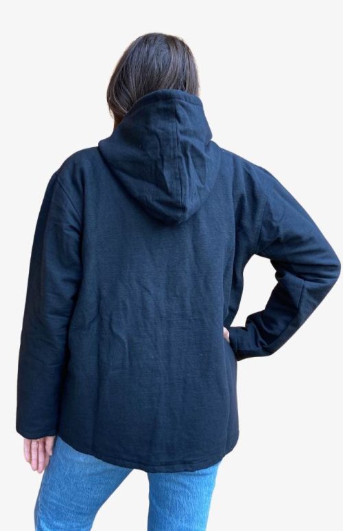 back view of heavy cotton jacket, solid black with hood, fair trade Nepal